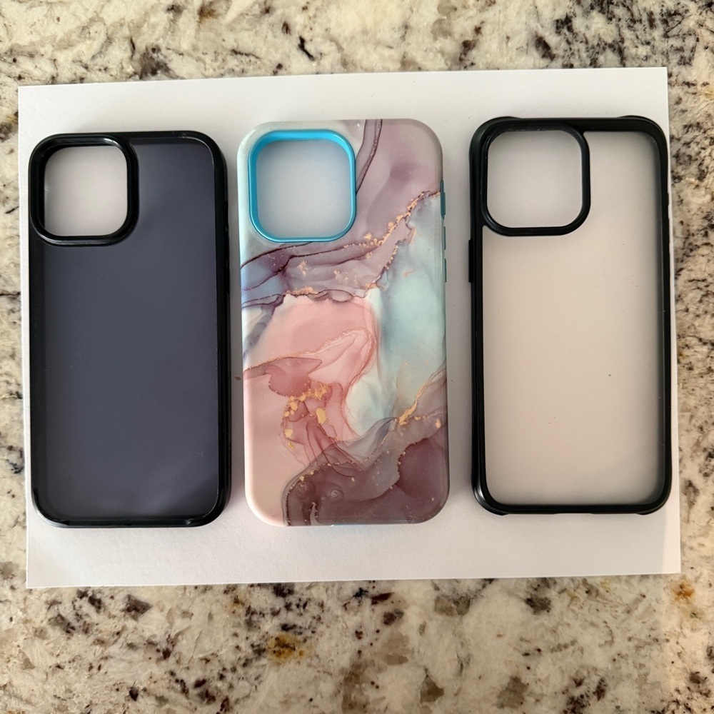 Set of 3 iPhone 15 Pro Max Cases Marble Design, Clear, and Black Transparent